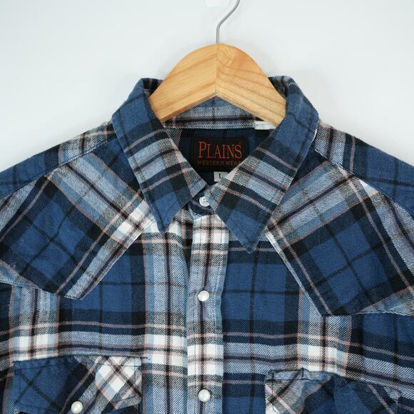 Plains Western Wear Shirt Mens Large Blue Plaid Pearl Snap Long Sleeve Cowboy - Picture 3 of 7